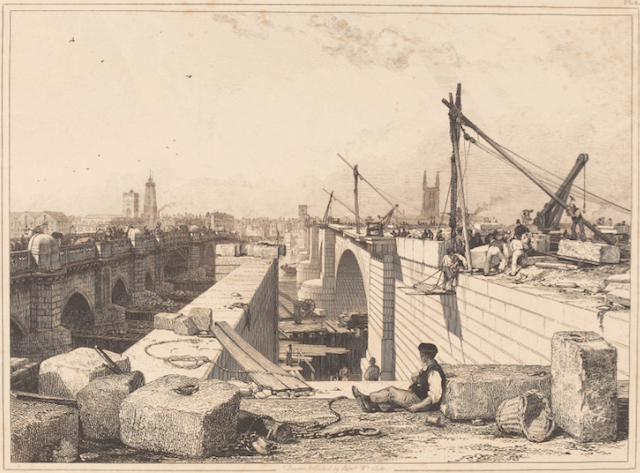 Edward William Cooke's view (1832) of old London Bridge being demolished while the new span is erected. ©The Trustees of the British Museum.