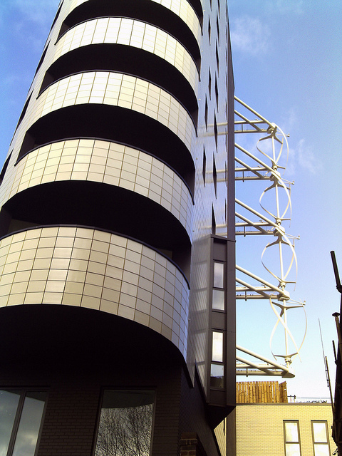 Wind turbines on the Kinetic building in Dalston / photo by Cybermyth13