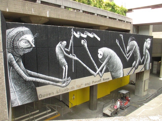 Street artist Phlegm has contributed his trademark sinister art to the walls.