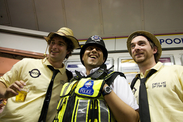 Laughing policeman and a pair of Circle line pub crawlers, by chutney bannister