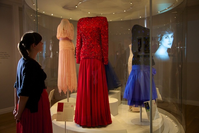 The case of dresses worn by Diana, Princess of Wales, in the final room of the Fashion Rules exhibition