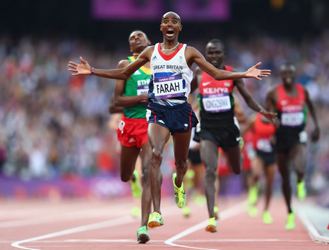 Mo Farah powers to victory in the Olympic Stadium. Photo by Getty