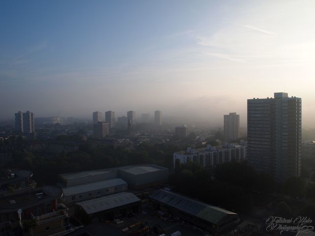 Battersea on a bright, foggy morning