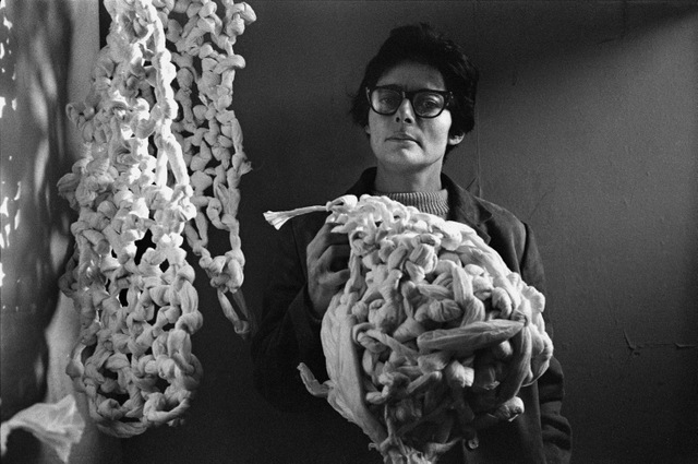 Portrait of the artist in 1966.
Mira Schendel, London 1966 Photograph 
© Clay Perry, England &amp; Co Gallery