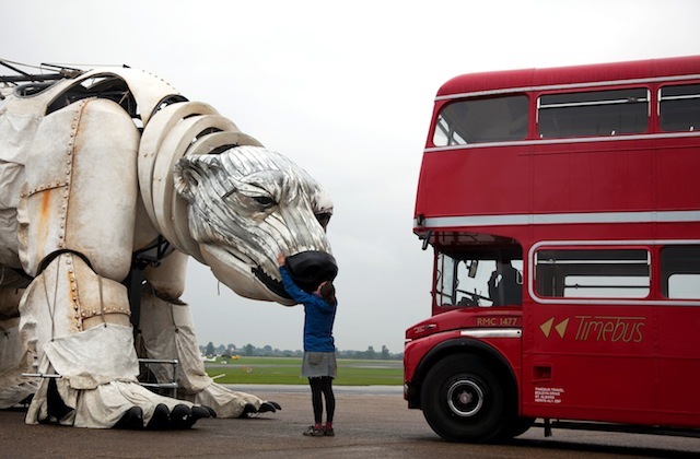 Aurora, the double-decker-bus-size polar bear puppet specially commissioned by Greenpeace to lead an Arctic-inspired street parade to the London HQ of oil giant Shell on 15 September. The three-tonne marionette bear will be operated from the inside by a team of 15 puppeteers, including artists from West End blockbuster War Horse, and will be hauled on ropes by 30 volunteers along a route including the Houses of Parliament and Westminster Bridge. As well as having the animals characteristic curved gait, the 41-foot long puppet is fully articulated and can move her head and jaws, while the fabric-covered sides billow, creating a breathing-like motion.