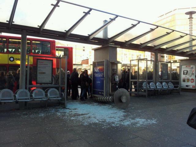 Damage at Wood Green bus stop / photo by Chris Brosnahan