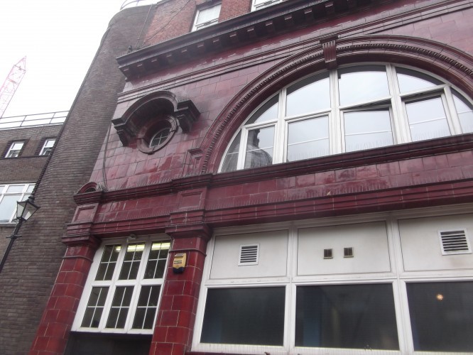 The distinctive oxblood tiling on the outside.