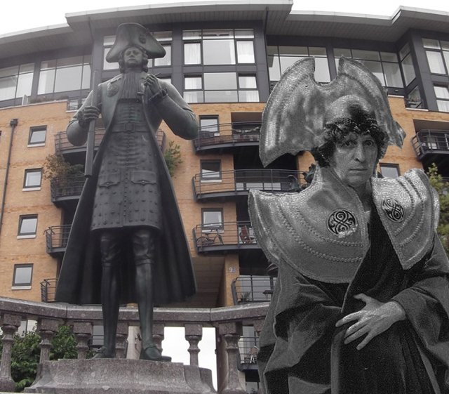 Left: Peter the Great statue in Deptford; right, Tom Baker in Timelord gear.