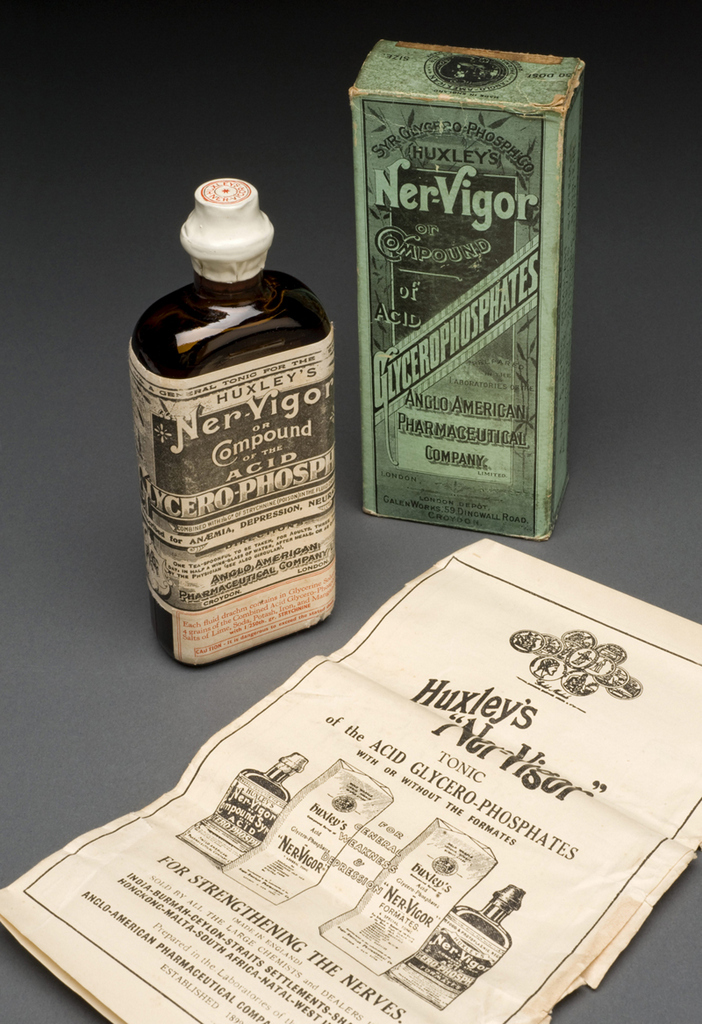 A640381, Bottle of "Ner-Vigor", with instructions, in original carton, by the Anglo-American Pharmaceutical Co. Ltd., English.
A640381 Pt1, Instructions including advertisements for other products.
Graduated grey background.