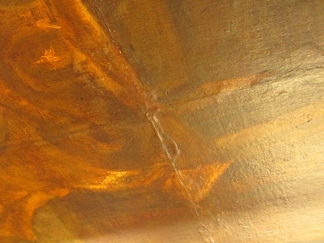 Up close, the paintings can be seen as composites of panels.