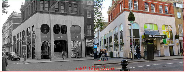 Fashionable boutique Chelsea Drugstore, now under the sign of the golden arches. Early 1970s and 2013.