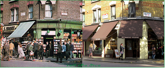From books to baps. Charing Cross Road, mid-1970s and 2013.