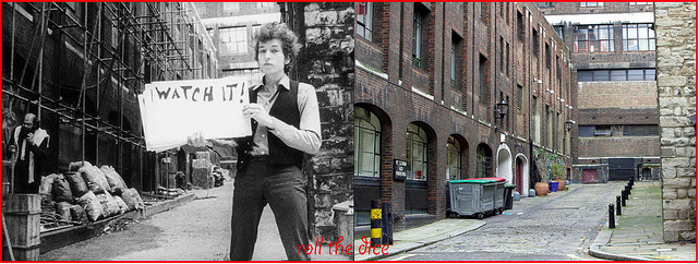Bob Dylan filming Subterranean Homesick Blues round the back of the Savoy. 1965 and 2013.