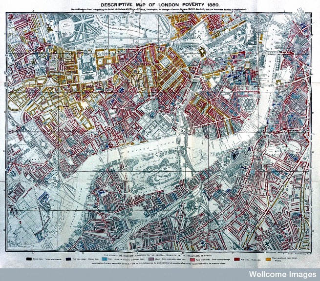 L0027741 Charles Booth, Life and labour of the people
Credit: Wellcome Library, London. Wellcome Images
images@wellcome.ac.uk
http://wellcomeimages.org
Descriptive map of London poverty, 1889 (south- western sheet)
Life and labour of the people in London
Charles Booth
Published: 1892 - 1897

Copyrighted work available under Creative Commons Attribution only licence CC BY 2.0 http://creativecommons.org/licenses/by/2.0/