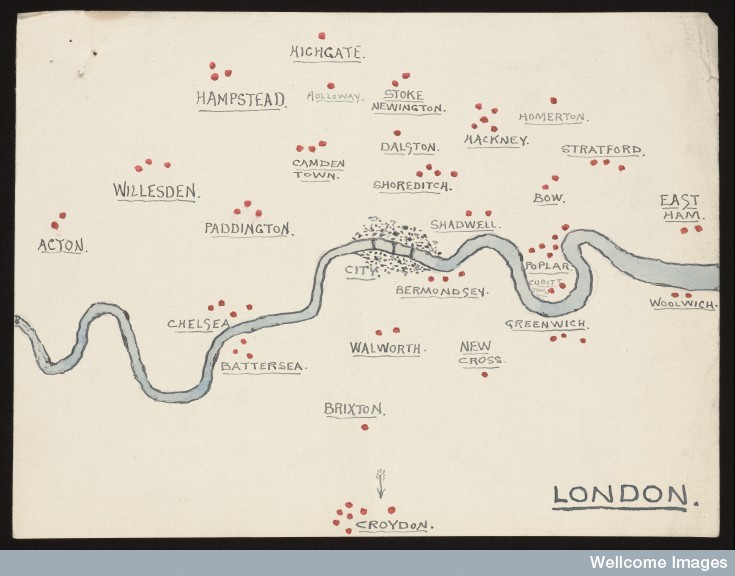 L0051628 Sketch of London where amulet necklaces were found
Credit: Wellcome Library, London. Wellcome Images
images@wellcome.ac.uk
http://wellcomeimages.org
Sketch made by Edward Lovett, showing districts of London where Lovett had collected blue amulet necklaces, which were thought to protect the wearer from illness. The necklaces were later passed on to the Wellcome Historical Medical Museum
14 September 1914 Lovett, E
Edward Lovett
Published:  - 

Copyrighted work available under Creative Commons by-nc 2.0 UK, see http://wellcomeimages.org/indexplus/page/Prices.html
