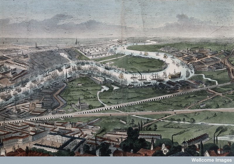 L0023698 London and the River Thames seen from the south, from
Credit: Wellcome Library, London. Wellcome Images
images@wellcome.ac.uk
http://wellcomeimages.org
Section of coloured wood engraving of London showing the Thames at Greenwich.
1845 after: Frederick James SmythPublished: 11 January 1845.

Copyrighted work available under Creative Commons by-nc 2.0 UK, see http://wellcomeimages.org/indexplus/page/Prices.html