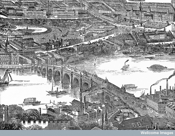 L0018931 A panorama of London seen from the south: above, Westminster
Credit: Wellcome Library, London. Wellcome Images
images@wellcome.ac.uk
http://wellcomeimages.org
A panorama of London seen from the south: above, Westminster, below, the City of London. Wood engraving by F. J. Smyth, 1845.
Wood engraving
1845 By: F.G. Smythafter: Frederick James SmythIllustrated London News
Published: 11 January 1845

Copyrighted work available under Creative Commons by-nc 2.0 UK, see http://wellcomeimages.org/indexplus/page/Prices.html