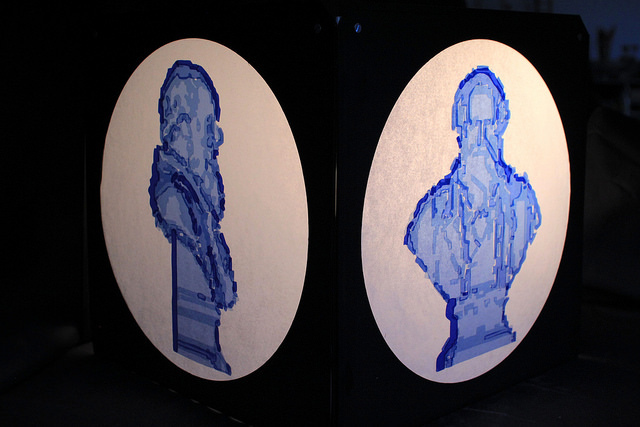 Jo Howcroft: 'Theatrical lighting filter, paired with the right lighting instrument, can help to tell a story and sway your emotions. To reimagine Darwin’s bust I have used a range of filters, which correct tungsten light to daylight. The shades were layered up to construct the light and shade from the scan.' © UCL, Institute of Making/Robert Eagle