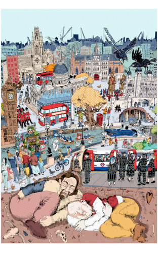 Gog and Magog by Helen Lord. The giants Gog and Magog nestle below a version of London in which myth and folklore mingle with modern life and tradition. 