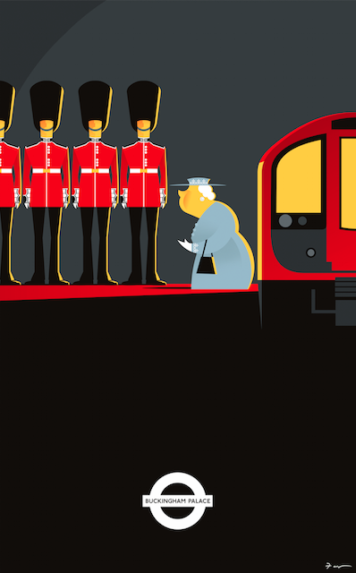 Going to Work by Fabio Corazza. Illustration based on the urban legend that HM the Queen has her own private secret tube station.