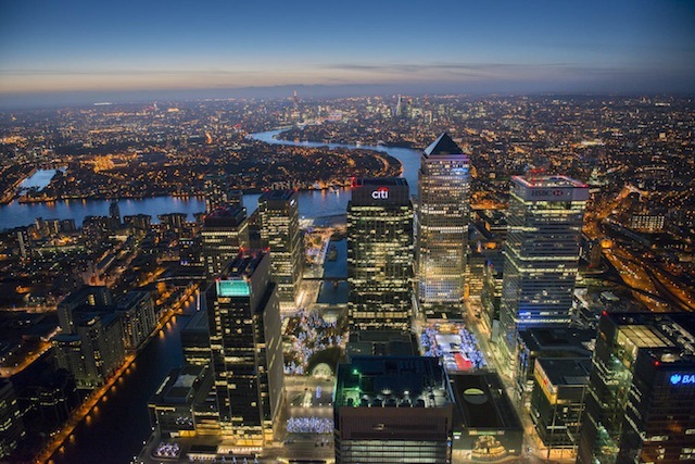 Canary Wharf Development looking West up Thames to City of London.