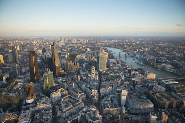 The City of London with Canary Wharf in the background.