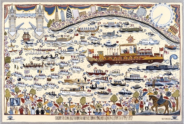 River Pageant 2012 by Sue Prince. Eye witness painting of the Royal Jubilee Thames River Pageant, celebrating the freedom and diversity of our society.