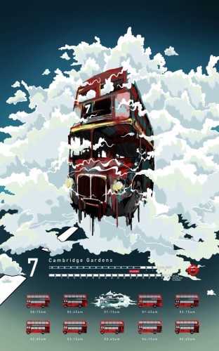 The Phantom Bus no.7 by Miguel Lima. With this illustration I aimed to create my own version of the no.7 bus story, the so-called ‘phantom bus’ that runs trough Cambridge Gardens at 1:15am. It includes a timetable showing the haunted hour. 