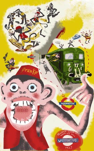 First place - Monkey Band at large in Notting Hill 1927 by Gill Bradley. In 1927 An escaped Monkey Jazz band embarked on days of high jinks and mayhem at Latimer Road Metropolitan station. Jumping aboard trains one reached as far as Rugby before capture.