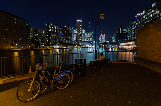 Millwall Inner Dock at night by Michael S. Schwarzer via Flickr
