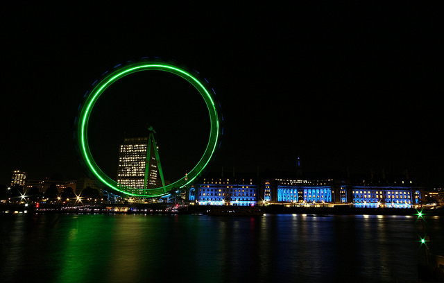 London Eye lighted in green, by Simon &amp; His Camera on Flickr.