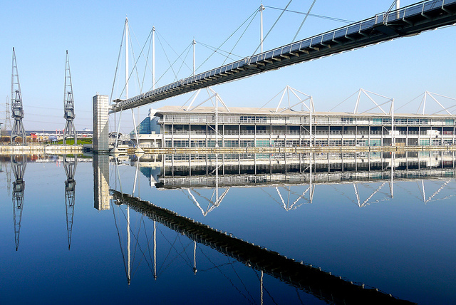 Geometrical reflection of Royal Victoria Dock Bridge, by Lee Rathmell on Flickr 