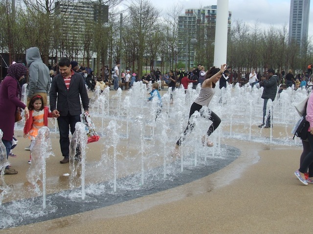 The jumping fountains. It’s tempting to run through them during a lull, but you never quite know when they’re going to shoot up.