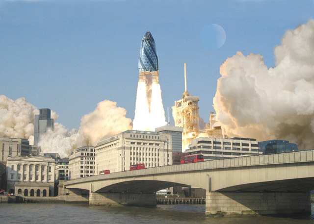 Pickles in space. The Gherkin blasts off in this image by wjfox2002 in 2007.