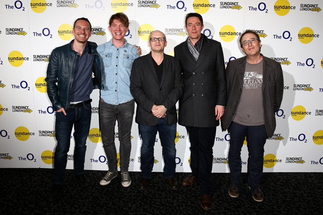 LONDON, ENGLAND - APRIL 25:  (L-R) Actors  Michael Fassbender, Domhnall Gleeson, director Lenny Abrahamson and screenwriters Peter Straughan and Jon Ronson attend the 'Frank' screening during the Sundance London Film and Music Festival 2014 at 02 Arena on April 25, 2014 in London, England.  (Photo by Tim P. Whitby/Getty Images for Sundance) *** Local Caption *** Michael Fassbender; Lenny Abrahamson; Domhnall Gleeson; Jon Ronson; Peter Straughan