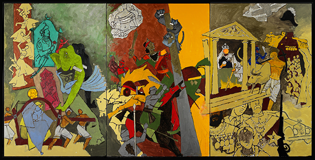 Triptych painting from The Indian Civilization Series - Three Dynasties; 
by Maqbool Fida Husain (1915 - 2011); 
Indian; 
2008 - 11.
Oil on canvas.