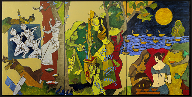 Triptych painting from The Indian Civilization Series - Traditional Indian Festivals; 
by Maqbool Fida Husain (1915 - 2011); 
Indian; 
2008 - 11.
Oil on canvas.