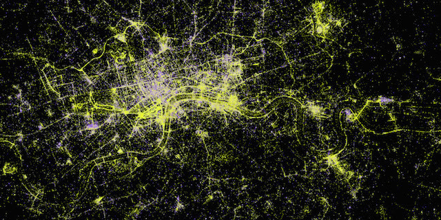Alex Kachkaev and Jo Wood, giCentre, City University London
London Photography Map
Pigment print, made 2014
This image maps the places, times and events people choose to make photographs in London. Here we see daytime and night time London superimposed, outdoors and indoors, parks and lakes, evening venues and sporting events. The attraction of the banks of the Thames and its major crossings for photography is made startlingly clear. The data was generated by forty thousand people in the city who, between them, uploaded over one million photographs to the Flickr photo sharing service. Each dot represents the location of a single photograph, identified either automatically via GPS devices built into the camera or smartphone, or added manually by the uploader. The colour of each dot represents the amount of light present in the scene, enabling us to distinguish likely daytime, outside photographs (yellow) from those taken either at night or indoors (purple). The result is a map of photogenic London, a shared image of images, of place and space, of the photographed and the photographer.