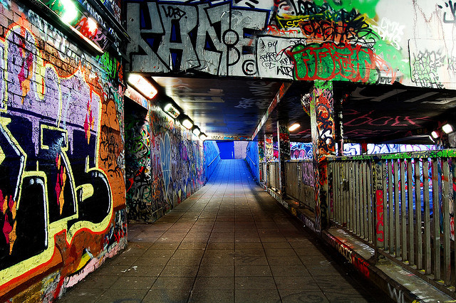 Blue light at the end of Leake Street tunnel, by Edward Perkins