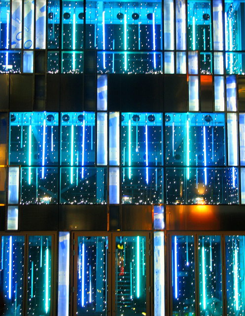 Blue lit windows in Covent Garden, by Steven Clark