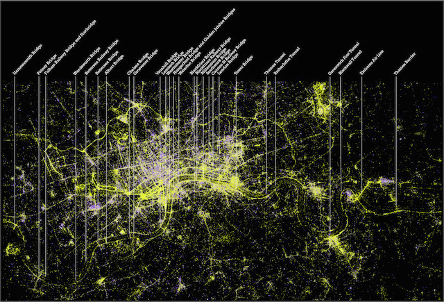 Alex Kachkaev and Jo Wood, giCentre, City University London
London Photography Map
Pigment print, made 2014
This image maps the places, times and events people choose to make photographs in London. Here we see daytime and night time London superimposed, outdoors and indoors, parks and lakes, evening venues and sporting events. The attraction of the banks of the Thames and its major crossings for photography is made startlingly clear. The data was generated by forty thousand people in the city who, between them, uploaded over one million photographs to the Flickr photo sharing service. Each dot represents the location of a single photograph, identified either automatically via GPS devices built into the camera or smartphone, or added manually by the uploader. The colour of each dot represents the amount of light present in the scene, enabling us to distinguish likely daytime, outside photographs (yellow) from those taken either at night or indoors (purple). The result is a map of photogenic London, a shared image of images, of place and space, of the photographed and the photographer.