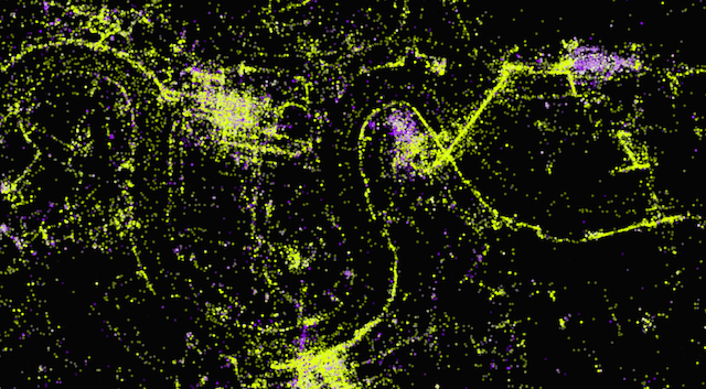 Docklands. Note the abundance of purple dots in North Greenwich - presumably photos from gigs inside the O2.