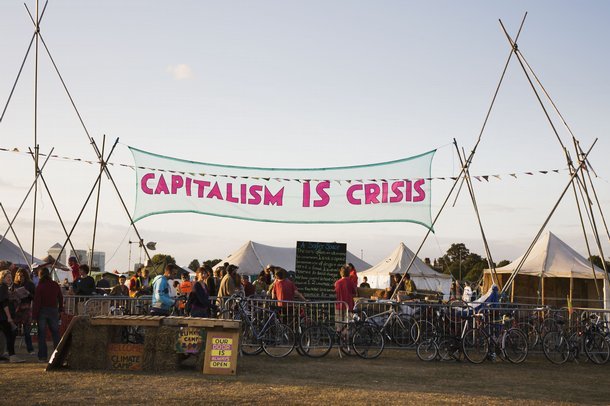Climate Camp, Capitalism is Crisis banner Used 2009-12 © Immo Klink