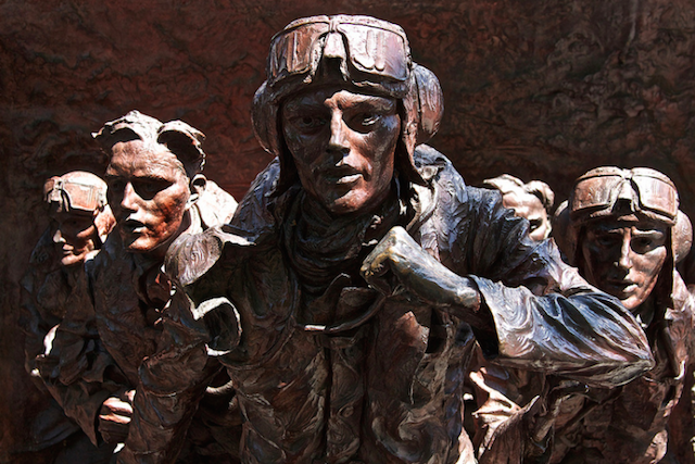The Battle of Britain Memorial on Victoria Embankment commemorates the pilots of the Royal Air Force who fought in the Battle of Britain in World War Two (1940).