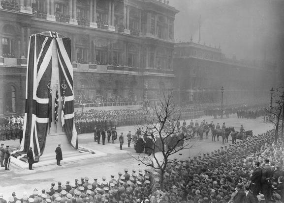 The six London Great War memorials cared for by English Heritage - Unveiling of the Cenotaph November 11 1920, (c) Imperial War Museums (Q31513). This day witnessed the burial of the Unknown Warrior, and the unveiling of a permanent version of the Cenotaph, now executed in Portland stone.