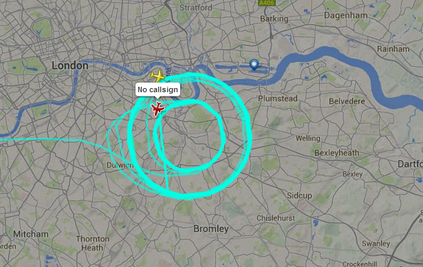 The plane circles Lewisham Shopping Centre. Courtesy of Flight Radar 24
