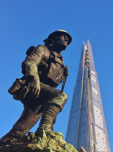 Southwark War Memorial, created by sculptor Philip Lindsey Clark, makes for a great photo of The Shard and a soldier.