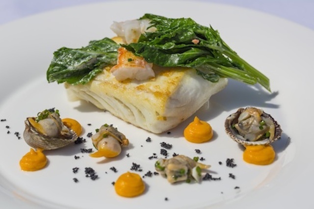 Roasted halibut, cockles, grilled langoustine, pumpkin, swiss chard - Aqua Shard