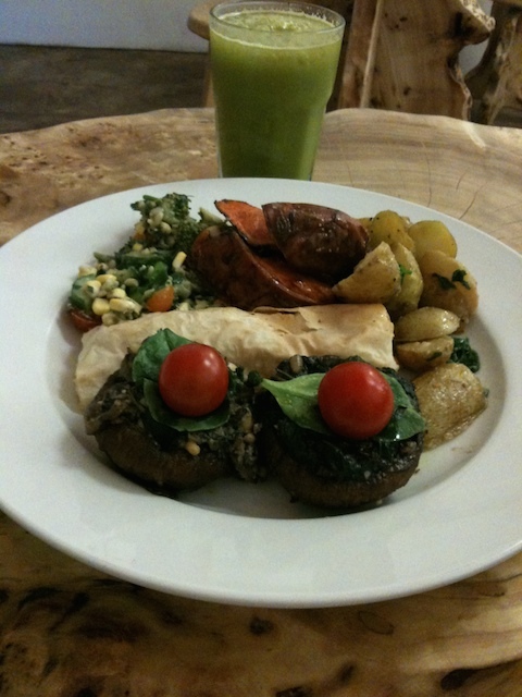 Stuffed portobello mushrooms, feuillete, three salads and kale orangeade