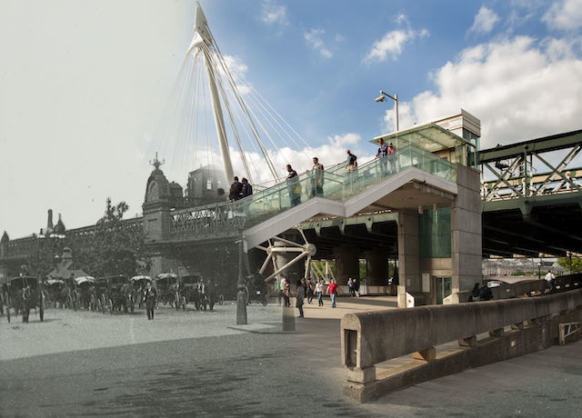 Hybrid Image: Charing Cross Railway Bridge, late 19th century. Today the Museum of London Docklands released 16 hybrid photographs showing ‘then and now’ views of London and its most iconic bridges across the ages. The 16 ghostly images, which juxtapose historic views with their present day perspective, have been created using photographs showcased in Museum of London Docklands’ new art exhibition Bridge, opening on Friday 27 June.